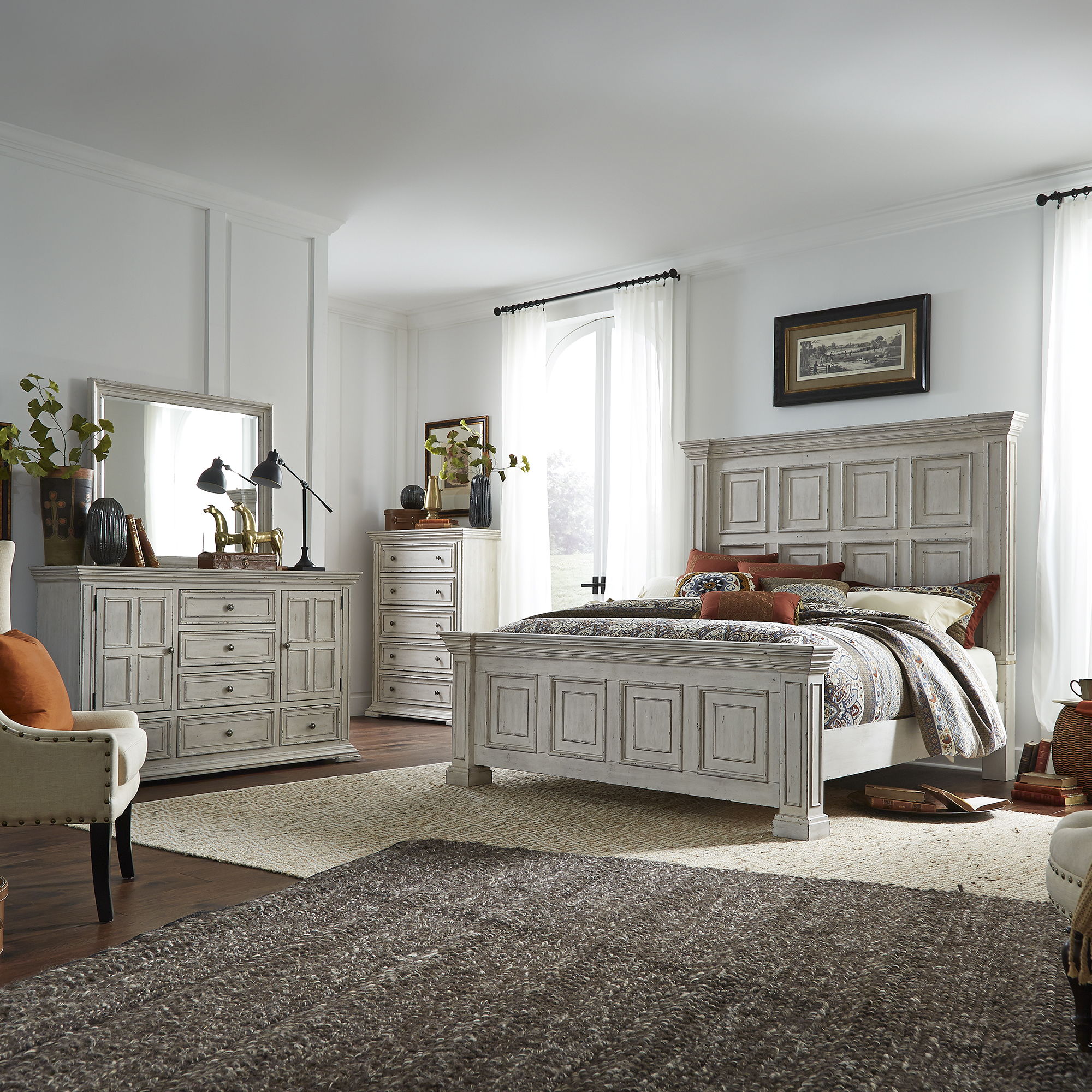 Liberty Furniture Big Valley – 4 Piece Bedroom Set (California King Panel Bed, Dresser & Mirror, Chest) – Whitestone