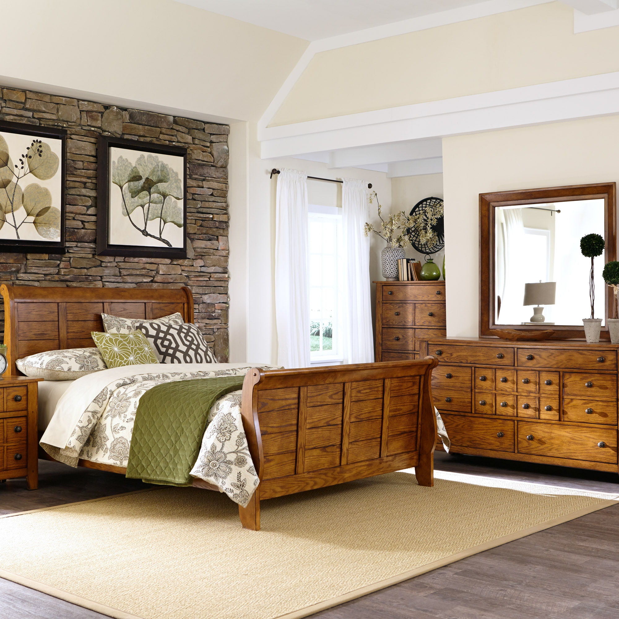 Liberty Furniture Grandpas Cabin – 4 Piece Bedroom Set (King Sleigh Bed, Dresser & Mirror, Chest) – Brown