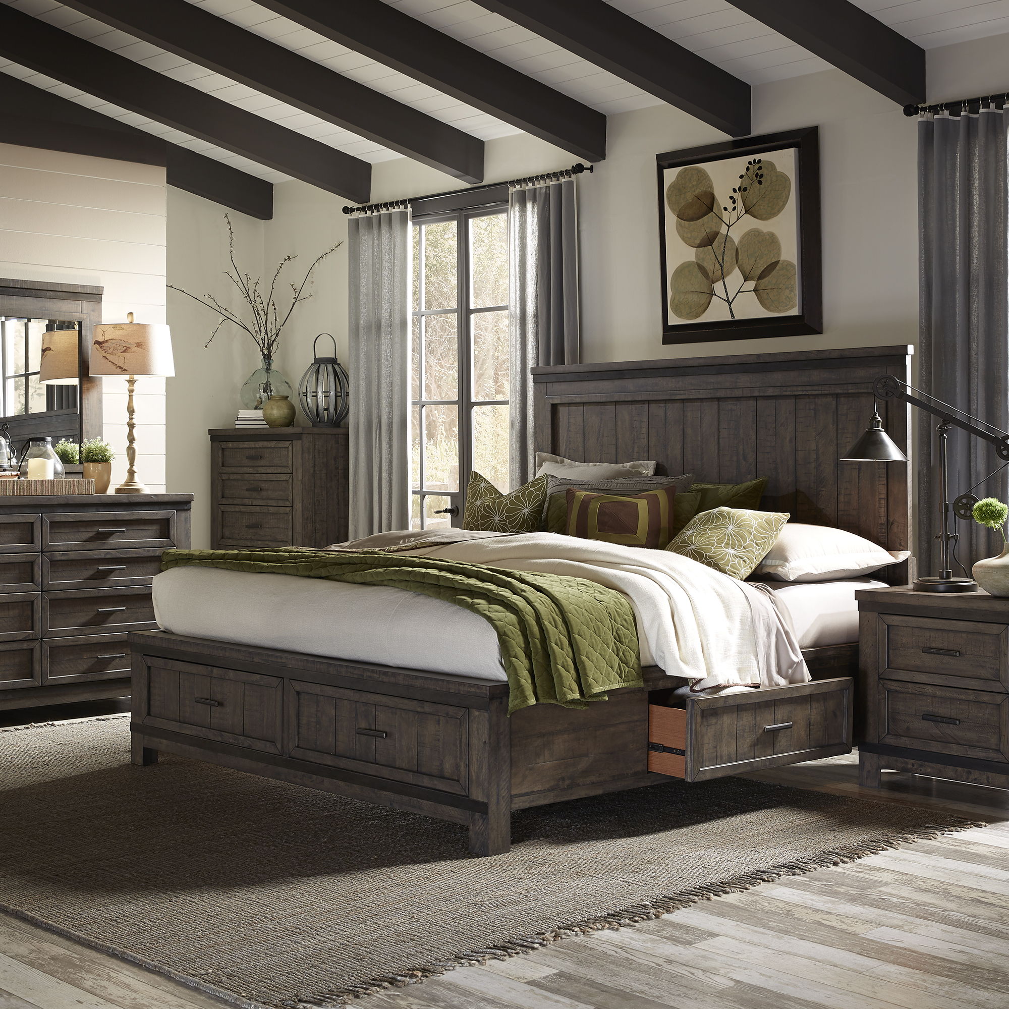 Liberty Furniture Thornwood Hills – 5 Piece Bedroom Set (King Two Sided Storage Bed, Dresser & Mirror, Chest, Nightstand) – Dark Gray