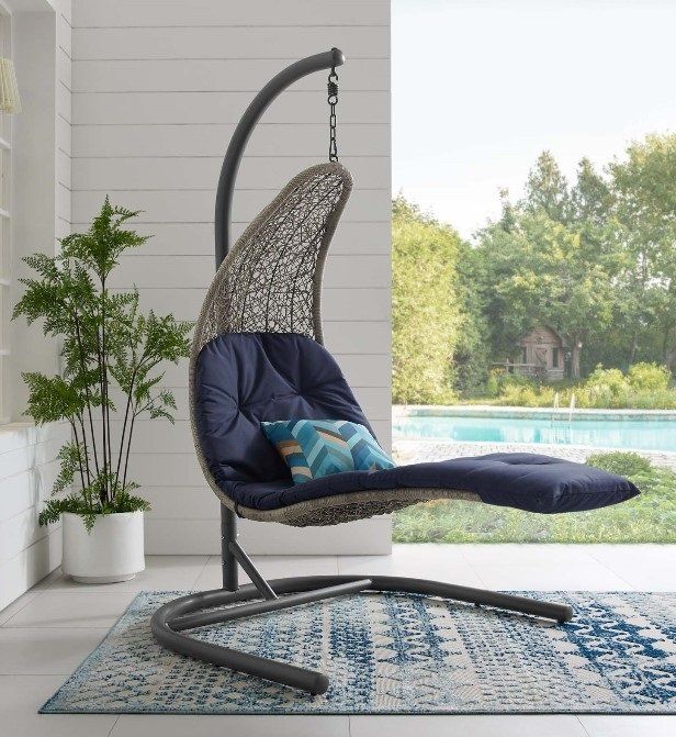 Emma Mason Signature Blue Sand Hanging Chaise Lounge Outdoor Patio Swing Chair in Gray Navy