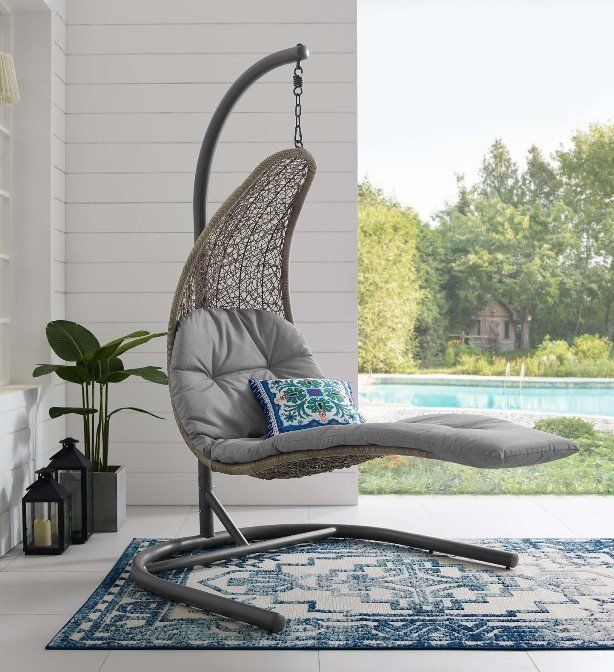 Emma Mason Signature Blue Sand Hanging Chaise Lounge Outdoor Patio Swing Chair in Light Gray