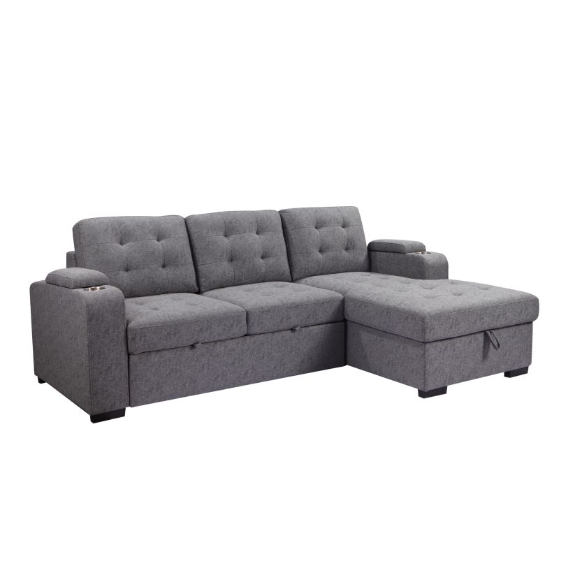 Primo International Belmont 96 in. Tufted Grey Right Facing Sleeper Sectional with Storage 58764