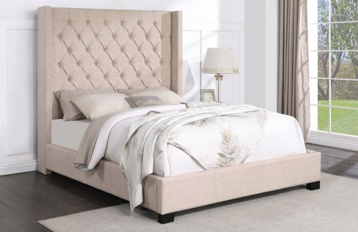 Beige Linen Tall Upholstered King Bed (HH403)