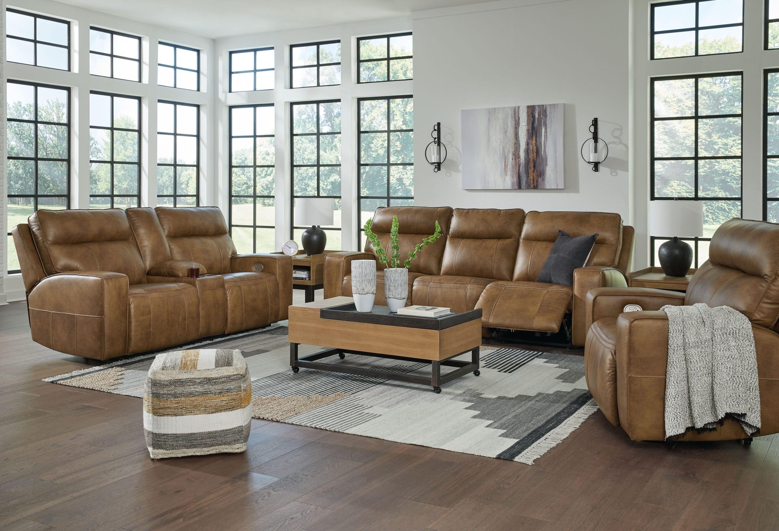 Ashley Game Plan – Caramel – 3 Pc. – Power Reclining Sofa, Loveseat, Recliner